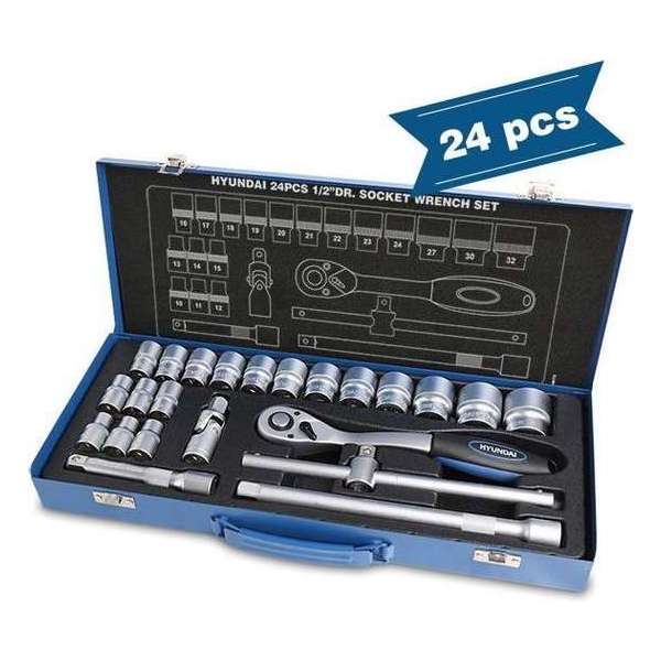 Hyundai 24-delige set doppen 1/2'' ' CrV - dopsleutels / doppenset in stijlvolle metalen opbergkoffer Hyundai 24-delige set doppen 1/2'' ' CrV - dopsleutels / doppenset in stijlvolle metalen opbergkoffer
