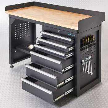 Datona® Werkbank PRO - eiken werkblad - 6 lades - 150 cm -  Zwart