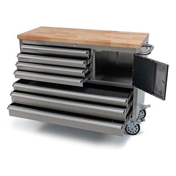 Professionele RVS Gereedschapswagen / Werkbank met Houten Blad (122 cm) Professionele RVS Gereedschapswagen / Werkbank met Houten Blad (122 cm)