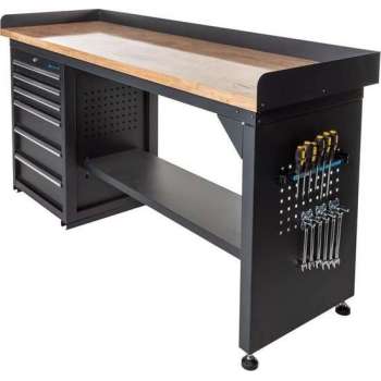 Datona® Werkbank PRO - eiken werkblad - 6 lades - 200 cm -  Zwart