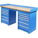 Datona® Werkbank PRO - eiken werkblad - 12 lades - 200 cm -  Blauw