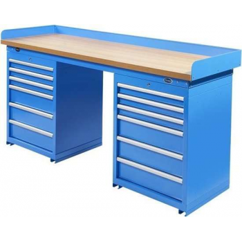 Datona® Werkbank PRO - eiken werkblad - 12 lades - 200 cm -  Blauw
