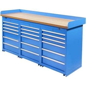 Datona® Werkbank PRO - eiken werkblad - 18 lades - 200 cm -  Blauw