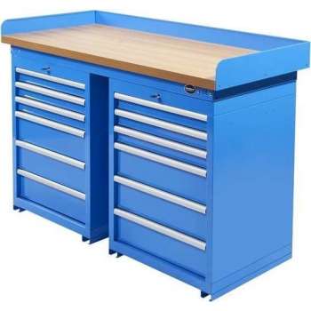 Datona® Werkbank PRO - eiken werkblad - 12 lades - 150 cm -  Blauw