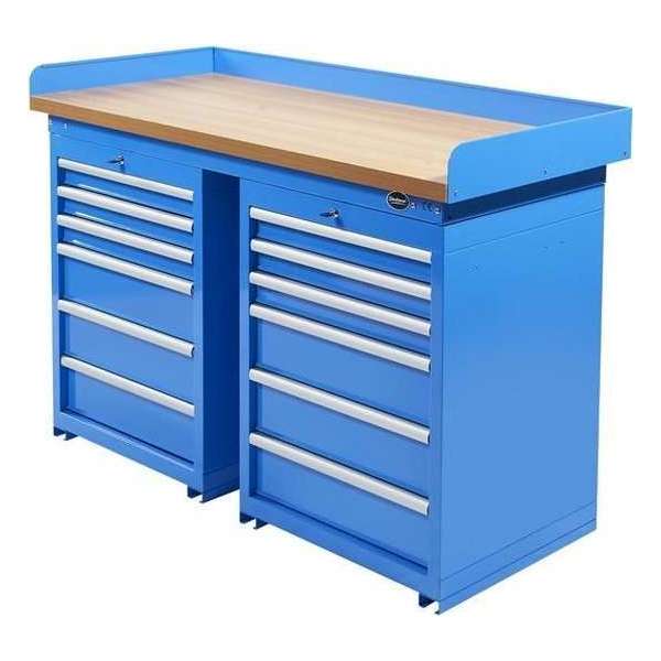 Datona® Werkbank PRO - eiken werkblad - 12 lades - 150 cm -  Blauw