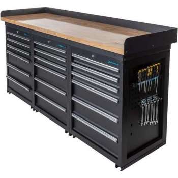 Datona® Werkbank PRO - eiken werkblad - 18 lades - 200 cm -  Zwart