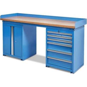 Datona® Werkbank PRO bamboe - 6 lades - opbergkast - 200 cm -  Blauw