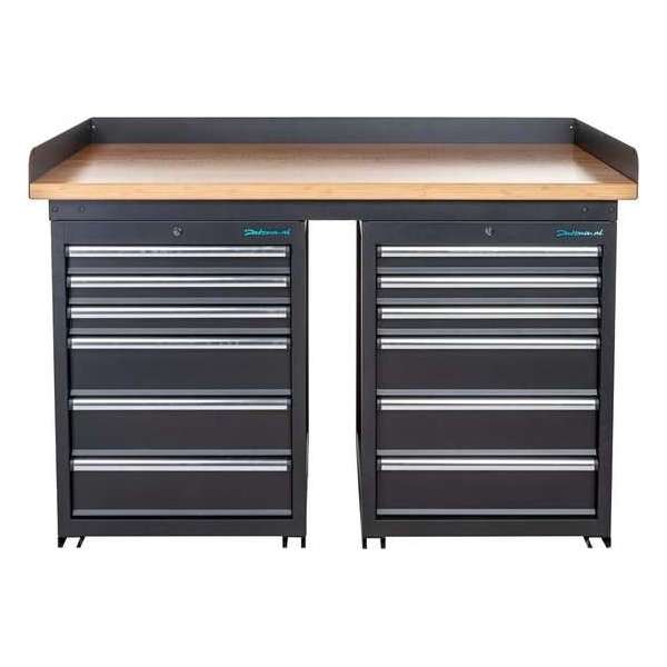 Datona® Werkbank PRO - bamboe werkblad - 12 lades - 150 cm - Zwart Datona® Werkbank PRO - bamboe werkblad - 12 lades - 150 cm - Zwart
