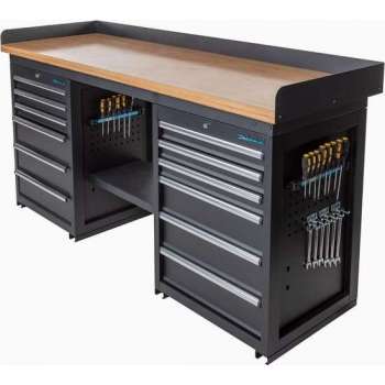Datona® Werkbank PRO - bamboe werkblad - 12 lades - 200 cm -  Zwart