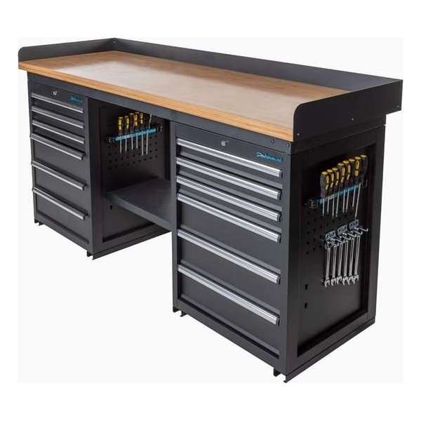 Datona® Werkbank PRO - bamboe werkblad - 12 lades - 200 cm - Zwart Datona® Werkbank PRO - bamboe werkblad - 12 lades - 200 cm - Zwart