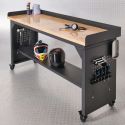 Datona® Werkbank PRO met eiken werkblad en legbord verrijdbaar - 200 cm - Zwart