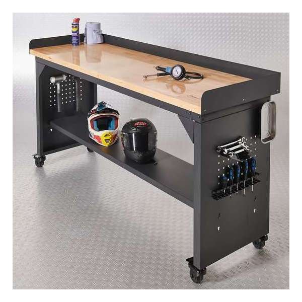 Datona® Werkbank PRO met eiken werkblad en legbord verrijdbaar - 200 cm - Zwart