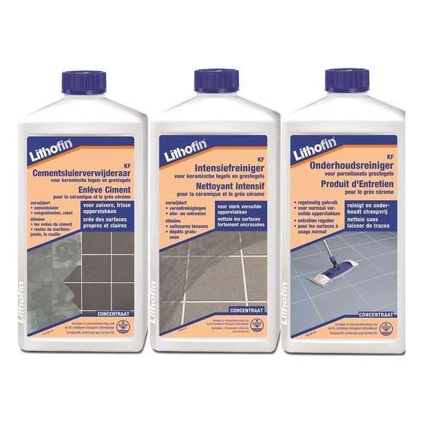 Lithofin KF Reinigingsset NIEUWE VLOER - Cementsluier, Intensief- en Onderhoudsreiniger - KERAMISCHE TEGELS - 3 x 1L Lithofin KF Reinigingsset NIEUWE VLOER - Cementsluier, Intensief- en Onderhoudsreiniger - KERAMISCHE TEGELS - 3 x 1L