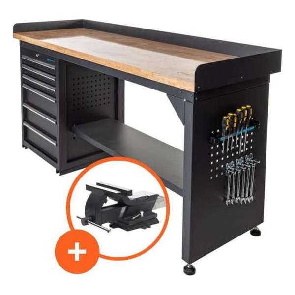 Datona® - Werkbank PRO - Bamboe werkblad - 200 cm - zwart + bankschroef - Zwart Datona® - Werkbank PRO - Bamboe werkblad - 200 cm - zwart + bankschroef - Zwart