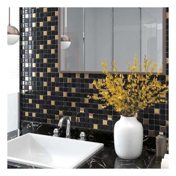 vidaXL Mozaïektegels 22 st zelfklevend 30x30 cm glas zwart goudkleurig vidaXL Mozaïektegels 22 st zelfklevend 30x30 cm glas zwart goudkleurig