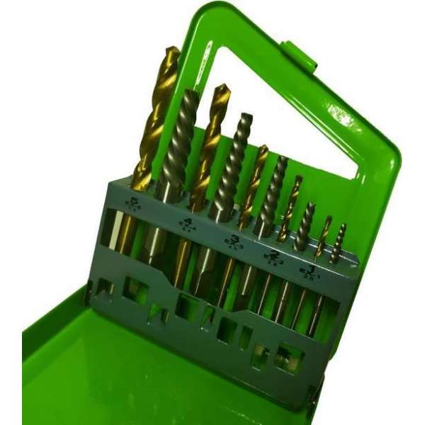 Tapeind en bouten uitdraai set met titanium boren M3 t/m M16 10 delig Tapeind en bouten uitdraai set met titanium boren M3 t/m M16 10 delig