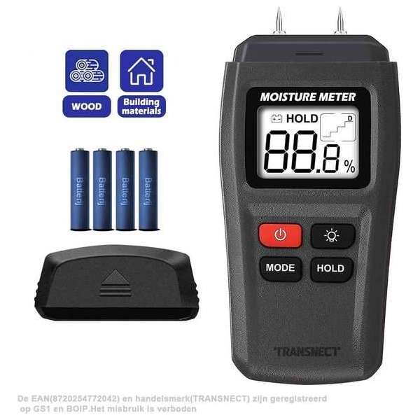 Vochtmeter voor wood met verlicht LCD scherm - met batterijen Vochtmeter voor wood met verlicht LCD scherm - met batterijen
