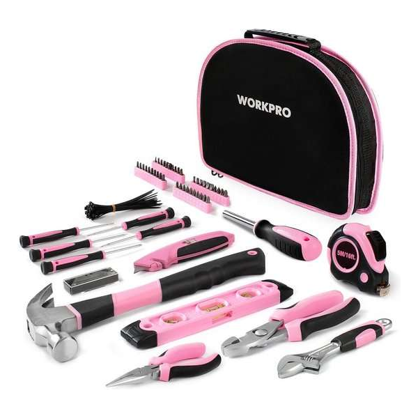 Workpro Roze gereedschap set - Hamer tang schroevendraaier set - gereedschapstas - 63-delig Workpro Roze gereedschap set - Hamer tang schroevendraaier set - gereedschapstas - 63-delig